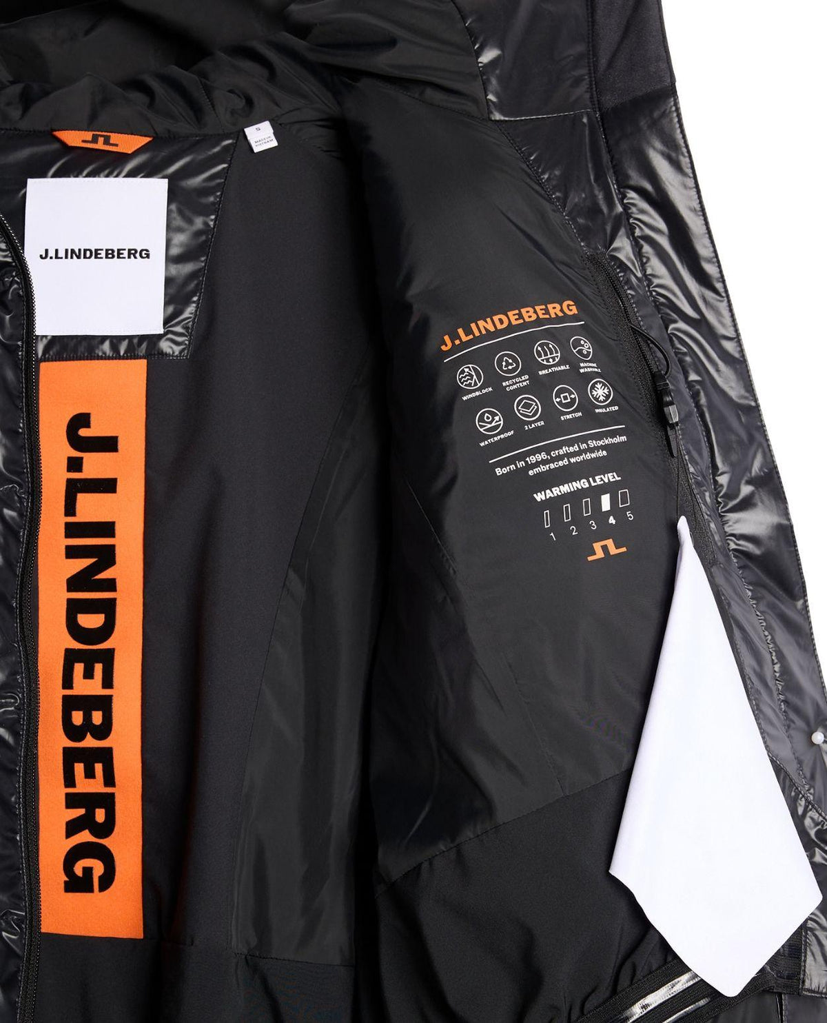 J.Lindeberg Nerina Down Jacket Women - Svart skidjacka insida med detaljer och text