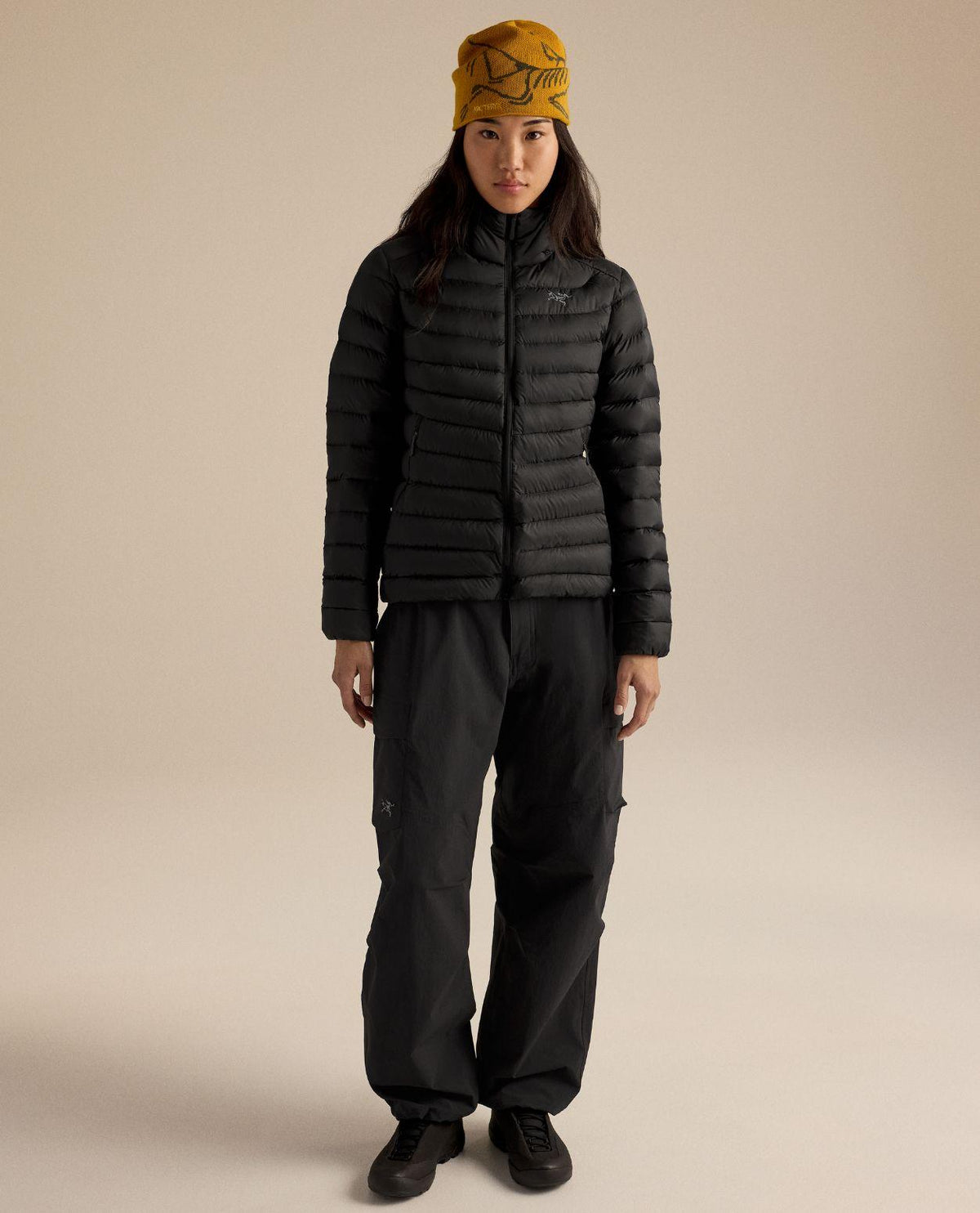 Svart Arc'teryx Cerium Hoody för damer som visar sin smidiga passform och dunisolering.