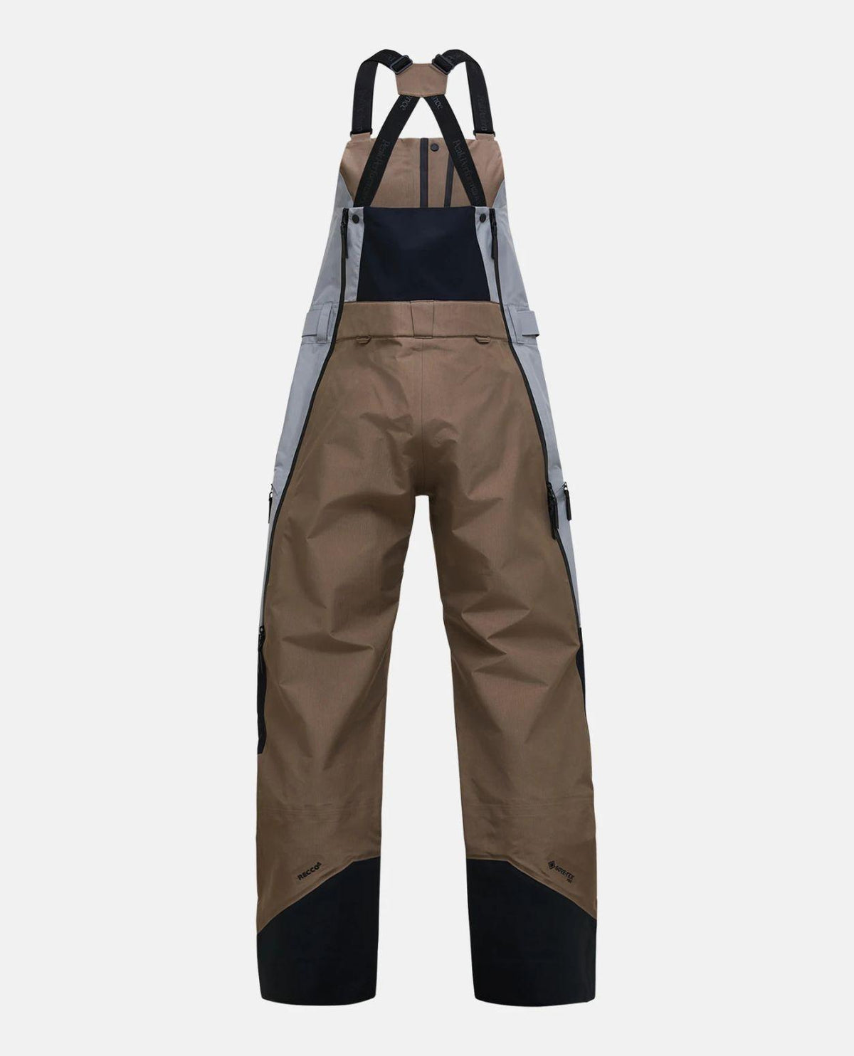 Peak Performance Vertical Gore-Tex Pro Bib Pants Women bakifrån i brunt och grått.