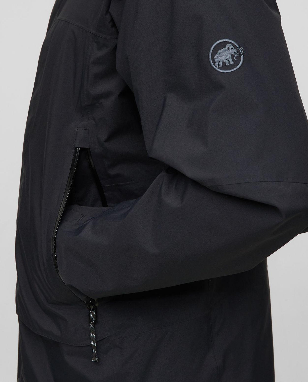 Mammut Haldigrat Gore-Tex HS Thermo Hooded Jacket i svart för herr, som visar detaljer på ärm och ficka.